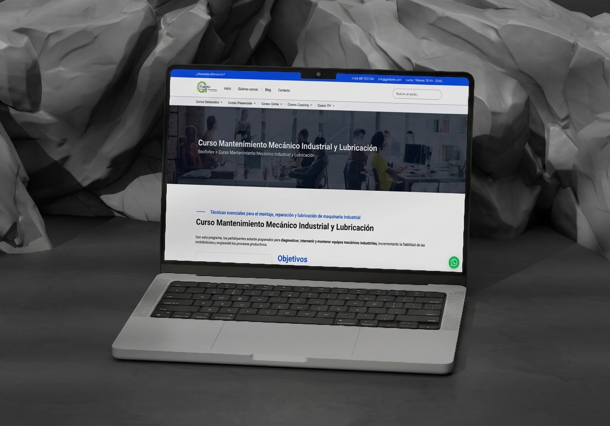 Page du cours de maintenance mécanique industrielle sur le site Gesforlev, organisme de formation en Espagne, affichée sur un ordinateur portable : fiche formation conçue par webagence.io